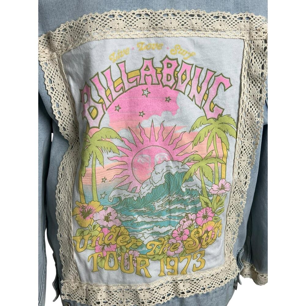 OOAK Upcycled Billabong Denim Jacket Womens XL Surf Boho Lace Patchwork - Picture 6 of 12